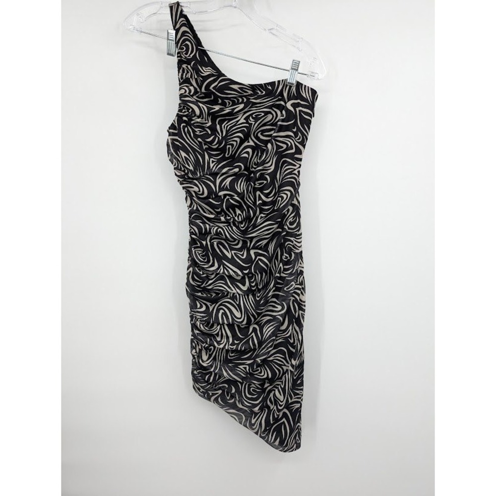 Likely Gemella One Shoulder Ruched Mini Dress Black Beige Print Women's Sz 2 NWT